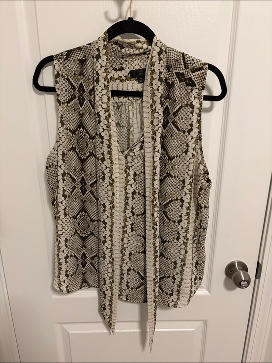 J. Crew Tops - J. Crew Sleeveless Snake-Print Tie-Neck Blouse in Olive and Cream